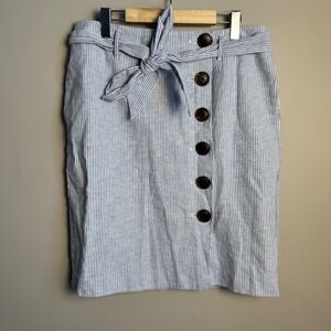 Boden Blue White Stripe Linen Blend Knee Skirt Size 10R Tie Belt Nautical Preppy